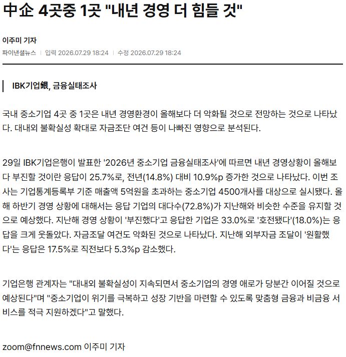 [파이낸셜뉴스] IBK기업銀, 금융실태조사... 中企 4곳중 1곳 "내년 경영 더 힘들 것"